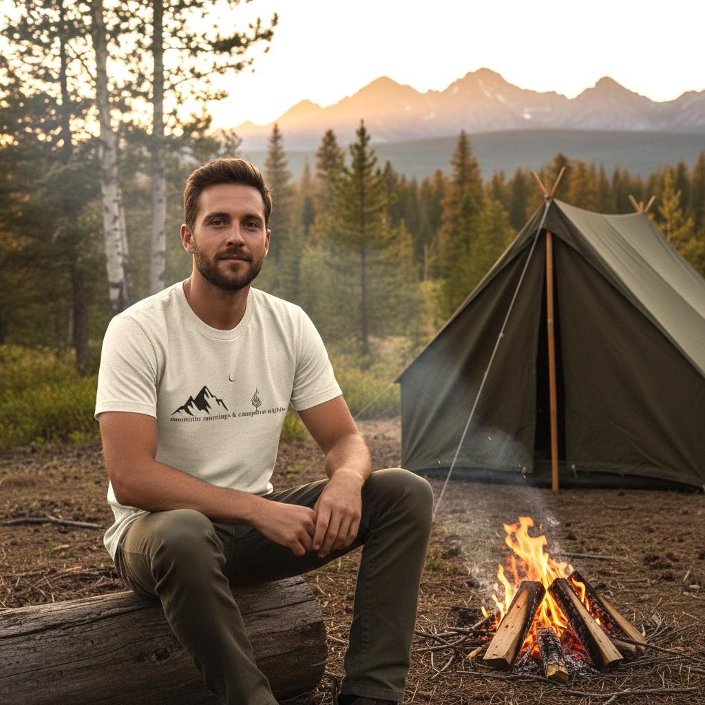 Minimalist Mountain Campfire T-Shirt, Outdoor Adventure Graphic Tee