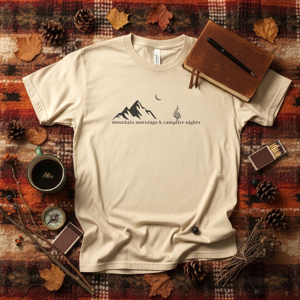 Minimalist Mountain Campfire T-Shirt, Outdoor Adventure Graphic Tee