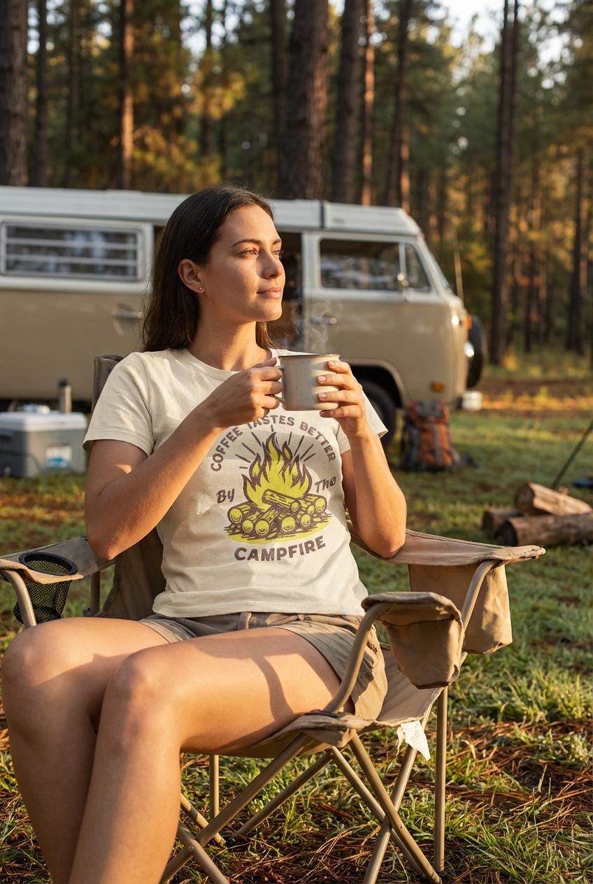 Coffee Tastes Better By The Campfire T-Shirt | Campfire Camping Graphic